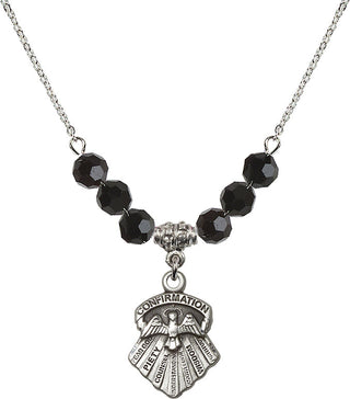 18" Rhodium Plated Necklace with 4mm Jet Crystal Beads featuring a Sterling Silver Seven Gifts Medal.