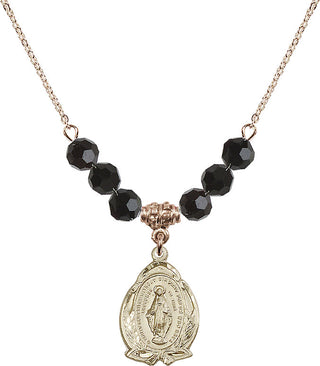 18" Hamilton Gold Plated Necklace with 4mm Jet Crystal Beads featuring a 14kt Gold Filled Miraculous Medal.