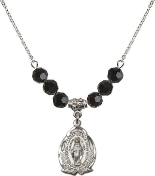 18" Rhodium Plated Necklace with 4mm Jet Crystal Beads featuring a Sterling Silver Miraculous Medal.