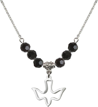 18" Rhodium Plated Necklace with 4mm Jet Crystal Beads featuring a Sterling Silver Holy Spirit Medal.