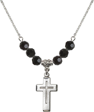 18" Rhodium Plated Necklace with 4mm Jet Crystal Beads featuring a Sterling Silver Cross Medal.