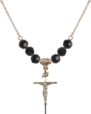 18" Hamilton Gold Plated Necklace with 4mm Jet Crystal Beads featuring a 14kt Gold Filled Crucifix Medal.