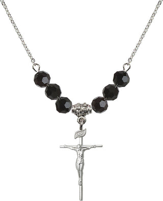 18" Rhodium Plated Necklace with 4mm Jet Crystal Beads featuring a Sterling Silver Crucifix Medal.