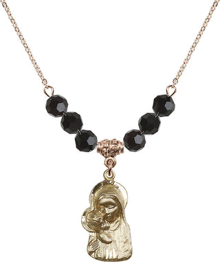 18" Hamilton Gold Plated Necklace with 4mm Jet Crystal Beads featuring a 14kt Gold Filled Madonna & Child Medal.