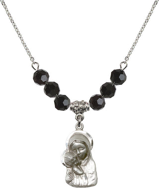 18" Rhodium Plated Necklace with 4mm Jet Crystal Beads featuring a Sterling Silver Madonna & Child Medal.