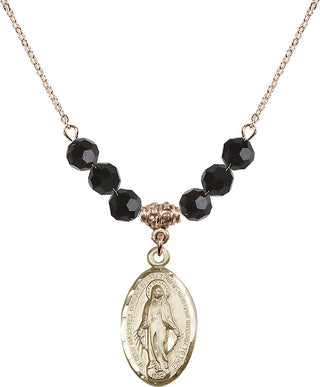 18" Hamilton Gold Plated Necklace with 4mm Jet Crystal Beads featuring a 14kt Gold Filled Miraculous Medal.
