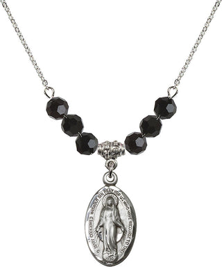 18" Rhodium Plated Necklace with 4mm Jet Crystal Beads featuring a Sterling Silver Miraculous Medal.