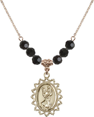 18" Hamilton Gold Plated Necklace with 4mm Jet Crystal Beads featuring a 14kt Gold Filled Saint Christopher Medal.