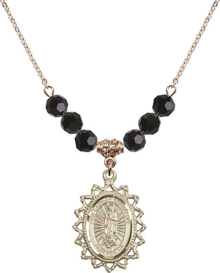 18" Hamilton Gold Plated Necklace with 4mm Jet Crystal Beads featuring a 14kt Gold Filled Our Lady of Guadalupe Medal.