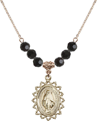 18" Hamilton Gold Plated Necklace with 4mm Jet Crystal Beads featuring a 14kt Gold Filled Miraculous Medal.