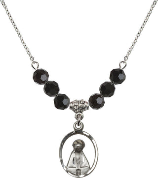 18" Rhodium Plated Necklace with 4mm Jet Crystal Beads featuring a Sterling Silver Madonna Medal.