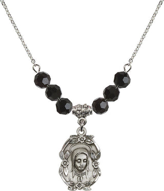 18" Rhodium Plated Necklace with 4mm Jet Crystal Beads featuring a Sterling Silver Madonna Medal.