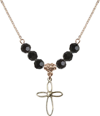 18" Hamilton Gold Plated Necklace with 4mm Jet Crystal Beads featuring a 14kt Gold Filled Loop Cross Medal.