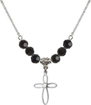 18" Rhodium Plated Necklace with 4mm Jet Crystal Beads featuring a Sterling Silver Loop Cross Medal.