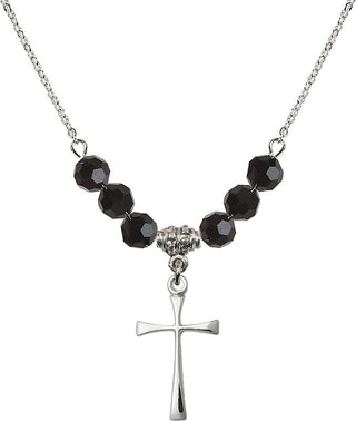 18" Rhodium Plated Necklace with 4mm Jet Crystal Beads featuring a Sterling Silver Maltese Cross Medal.