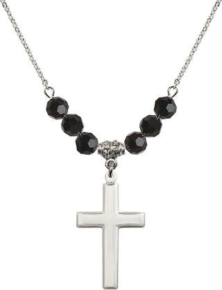 18" Rhodium Plated Necklace with 4mm Jet Crystal Beads featuring a Sterling Silver Cross Medal.