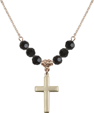 18" Hamilton Gold Plated Necklace with 4mm Jet Crystal Beads featuring a 14kt Gold Filled Cross Medal.