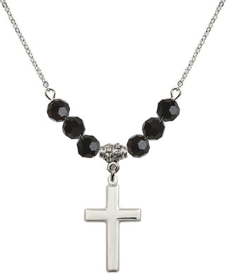 18" Rhodium Plated Necklace with 4mm Jet Crystal Beads featuring a Sterling Silver Cross Medal.