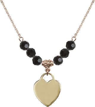18" Hamilton Gold Plated Necklace with 4mm Jet Crystal Beads featuring a 14kt Gold Filled Heart Medal. Engraved Catholic Saint Jewelry