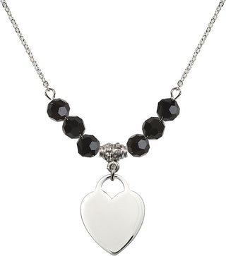 18" Rhodium Plated Necklace with 4mm Jet Crystal Beads featuring a Sterling Silver Heart Medal. Engraved Catholic Saint Jewelry