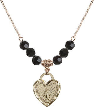 18" Hamilton Gold Plated Necklace with 4mm Jet Crystal Beads featuring a 14kt Gold Filled Miraculous Heart Medal. Engraved Catholic Saint Jewelry