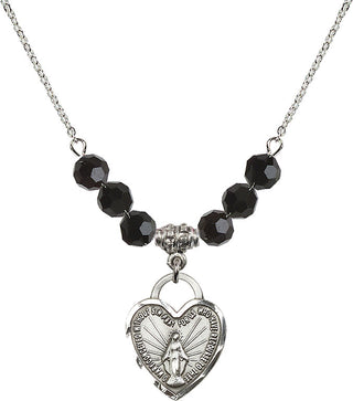 18" Rhodium Plated Necklace with 4mm Jet Crystal Beads featuring a Sterling Silver Miraculous Heart Medal. Engraved Catholic Saint Jewelry