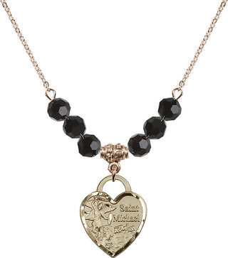 18" Hamilton Gold Plated Necklace with 4mm Jet Crystal Beads featuring a 14kt Gold Filled Saint Michael the Archangel Medal. Engraved Catholic Saint Jewelry