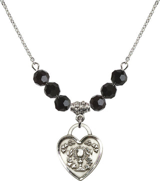 18" Rhodium Plated Necklace with 4mm Jet Crystal Beads featuring a Sterling Silver Communion Heart Medal. Engraved Catholic Saint Jewelry