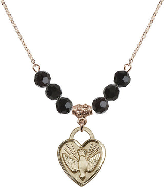 18" Hamilton Gold Plated Necklace with 4mm Jet Crystal Beads featuring a 14kt Gold Filled Confirmation Heart Medal. Engraved Catholic Saint Jewelry