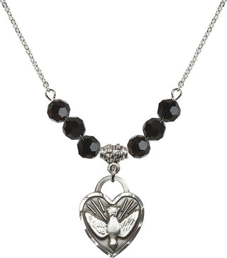 18" Rhodium Plated Necklace with 4mm Jet Crystal Beads featuring a Sterling Silver Confirmation Heart Medal. Engraved Catholic Saint Jewelry