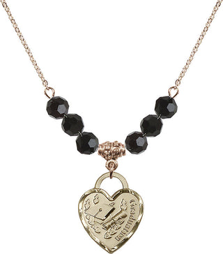 18" Hamilton Gold Plated Necklace with 4mm Jet Crystal Beads featuring a 14kt Gold Filled Graduation Heart Medal. Engraved Catholic Saint Jewelry