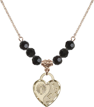 18" Hamilton Gold Plated Necklace with 4mm Jet Crystal Beads featuring a 14kt Gold Filled Footprints Heart Medal. Engraved Catholic Saint Jewelry