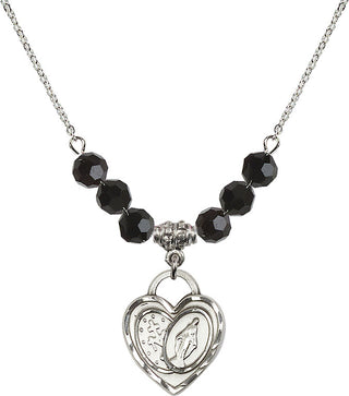 18" Rhodium Plated Necklace with 4mm Jet Crystal Beads featuring a Sterling Silver Miraculous Heart Medal.