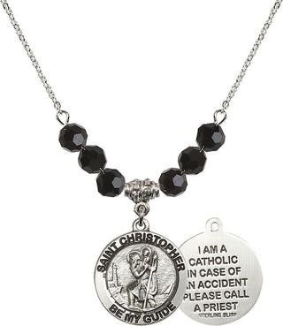 18" Rhodium Plated Necklace with 4mm Jet Crystal Beads featuring a Sterling Silver Saint Christopher Medal.