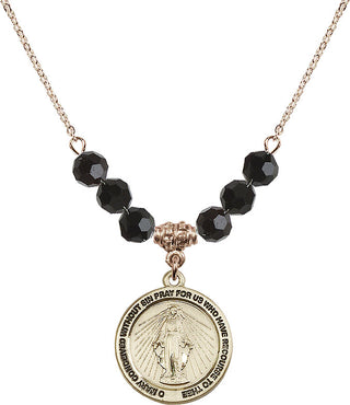 18" Hamilton Gold Plated Necklace with 4mm Jet Crystal Beads featuring a 14kt Gold Filled Miraculous Medal.