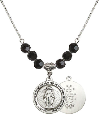 18" Rhodium Plated Necklace with 4mm Jet Crystal Beads featuring a Sterling Silver Miraculous Medal.