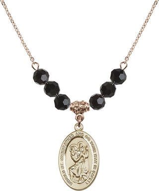 18" Hamilton Gold Plated Necklace with 4mm Jet Crystal Beads featuring a 14kt Gold Filled Saint Christopher Medal. Engraved Catholic Saint Jewelry