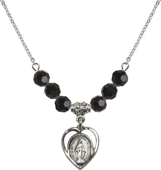 18" Rhodium Plated Necklace with 4mm Jet Crystal Beads featuring a Sterling Silver Miraculous Medal.