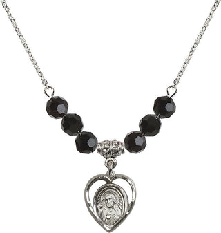 18" Rhodium Plated Necklace with 4mm Jet Crystal Beads featuring a Sterling Silver Scapular Medal.