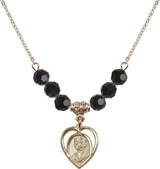18" Hamilton Gold Plated Necklace with 4mm Jet Crystal Beads featuring a 14kt Gold Filled Saint Christopher Medal.