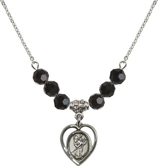 18" Rhodium Plated Necklace with 4mm Jet Crystal Beads featuring a Sterling Silver Saint Christopher Medal.