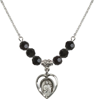 18" Rhodium Plated Necklace with 4mm Jet Crystal Beads featuring a Sterling Silver Saint Jude Medal.