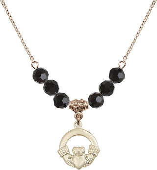 18" Hamilton Gold Plated Necklace with 4mm Jet Crystal Beads featuring a 14kt Gold Filled Claddagh Medal.