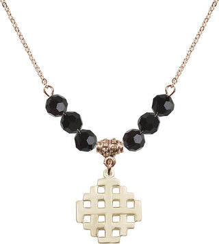 18" Hamilton Gold Plated Necklace with 4mm Jet Crystal Beads featuring a 14kt Gold Filled Jerusalem Cross Medal.