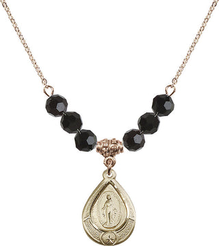 18" Hamilton Gold Plated Necklace with 4mm Jet Crystal Beads featuring a 14kt Gold Filled Miraculous Medal.