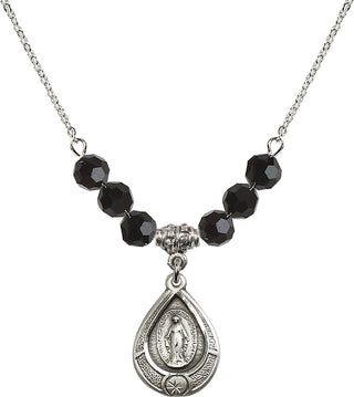 18" Rhodium Plated Necklace with 4mm Jet Crystal Beads featuring a Sterling Silver Miraculous Medal.