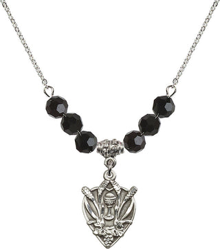 18" Rhodium Plated Necklace with 4mm Jet Crystal Beads featuring a Sterling Silver Communion Medal.