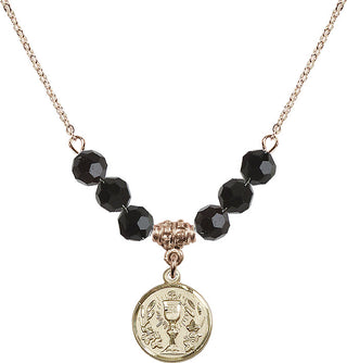 18" Hamilton Gold Plated Necklace with 4mm Jet Crystal Beads featuring a 14kt Gold Filled Communion Chalice Medal.
