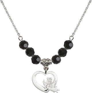 18" Rhodium Plated Necklace with 4mm Jet Crystal Beads featuring a Sterling Silver Heart / Guardian Angel Medal.