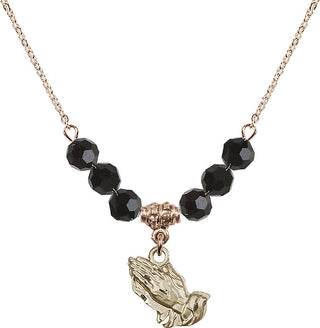 18" Hamilton Gold Plated Necklace with 4mm Jet Crystal Beads featuring a 14kt Gold Filled Praying Hands Medal.